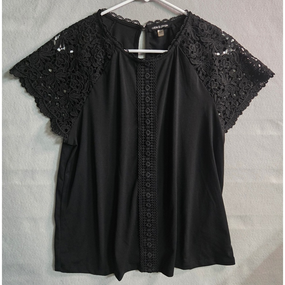 Black Crochet Lace‎ Raglan Sleeve Blouse Keyhole Back Top Medium Dark Feminine
